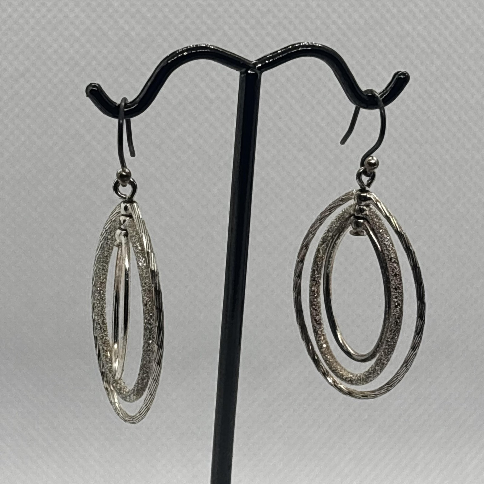 Silver Tone Earrings Layered Triple Oval Teardrop Dangle Women Textured Hook 20$